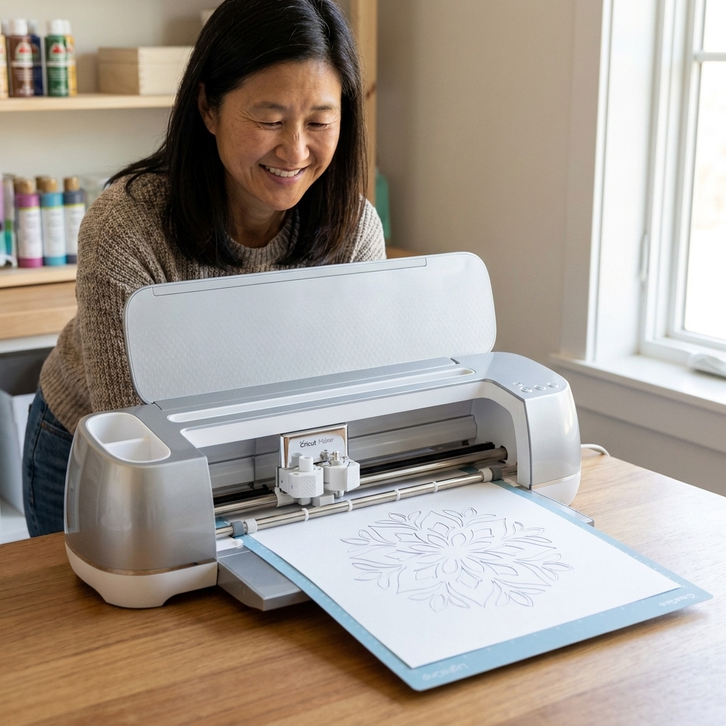 A Cricut Maker cutting a detailed design from white cardstock on a blue LightGrip mat, with crisp cut lines visible