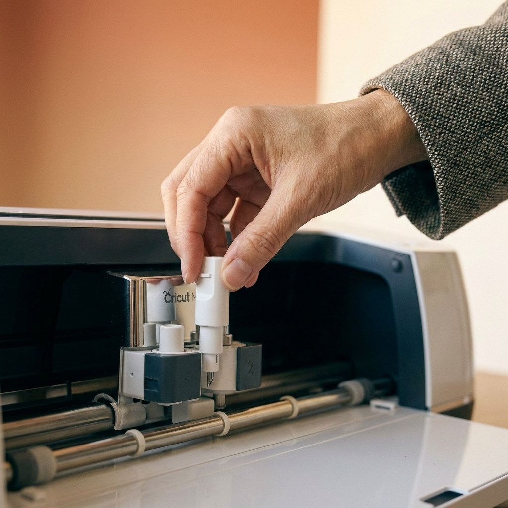 A Cricut Maker tool clamp holding a blade housing while a hand positions the tool for insertion