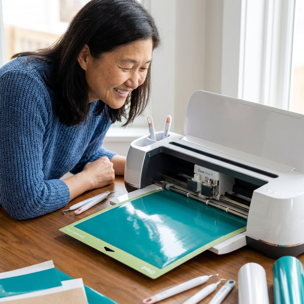 A Cricut machine cutting a sheet of heat transfer vinyl on a sticky cutting mat with the vinyl carrier sheet facing down