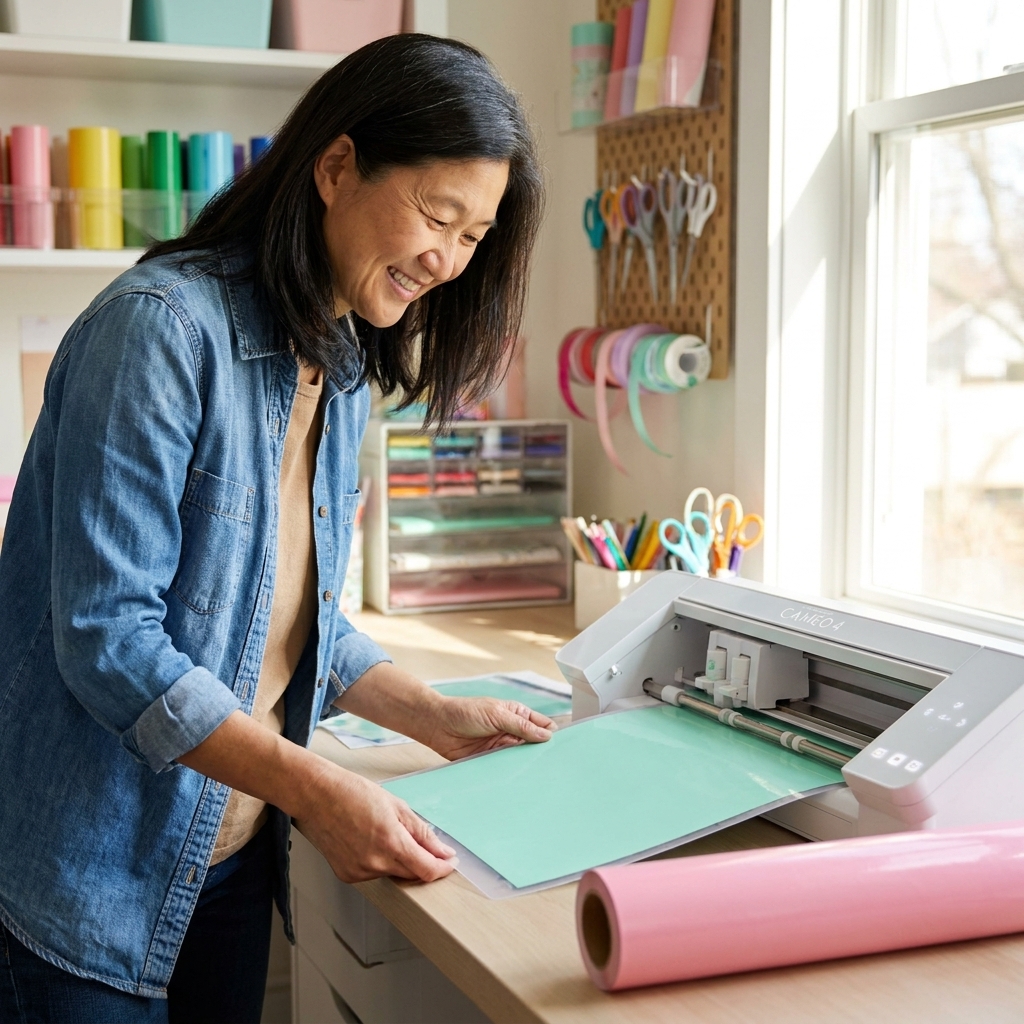 A Silhouette cutting machine on a desk with a cutting mat loaded and a roll of vinyl nearby in a bright craft room
