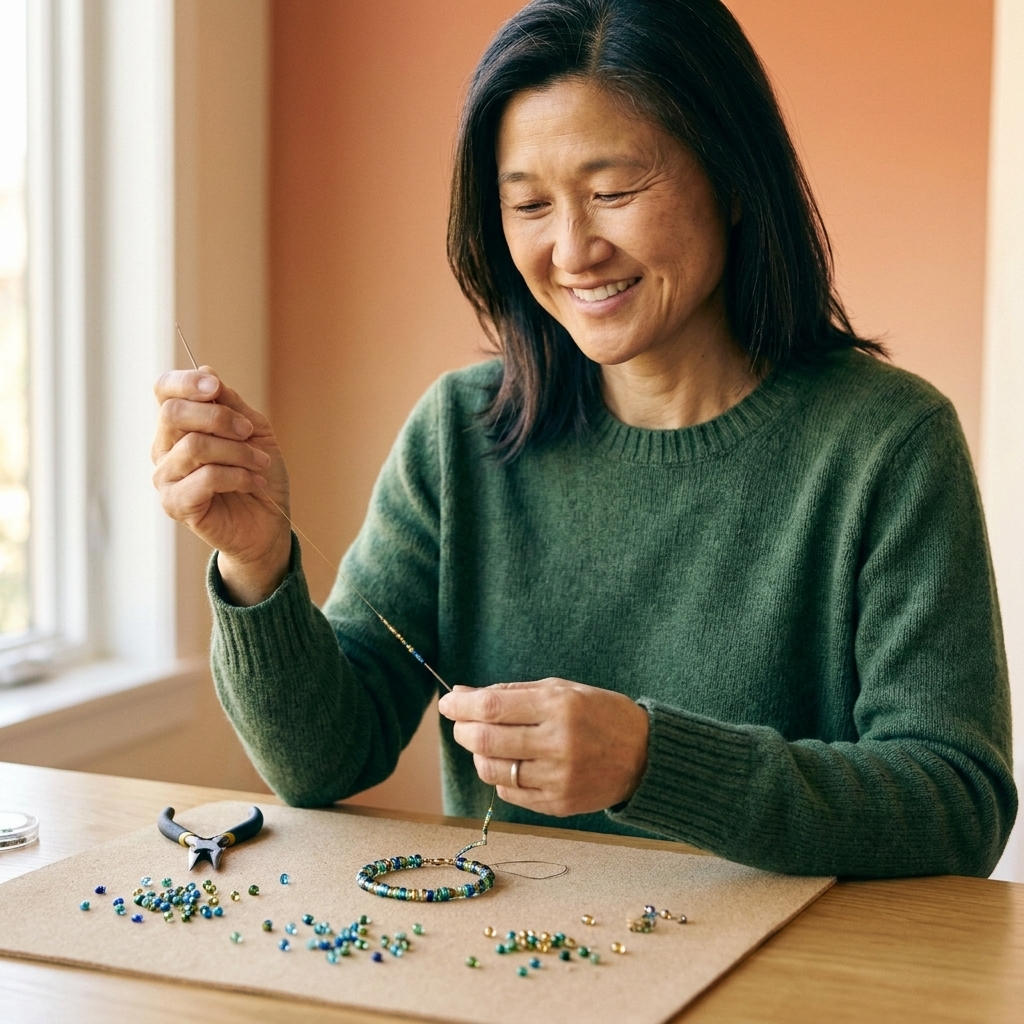 A bead mat on a crafting table with scattered small glass beads, a beading needle, and a partially assembled bracelet