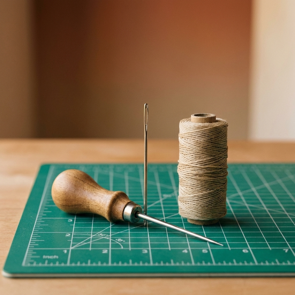 A bookbinding awl, a blunt tapestry needle, and a spool of waxed thread arranged on a cutting mat