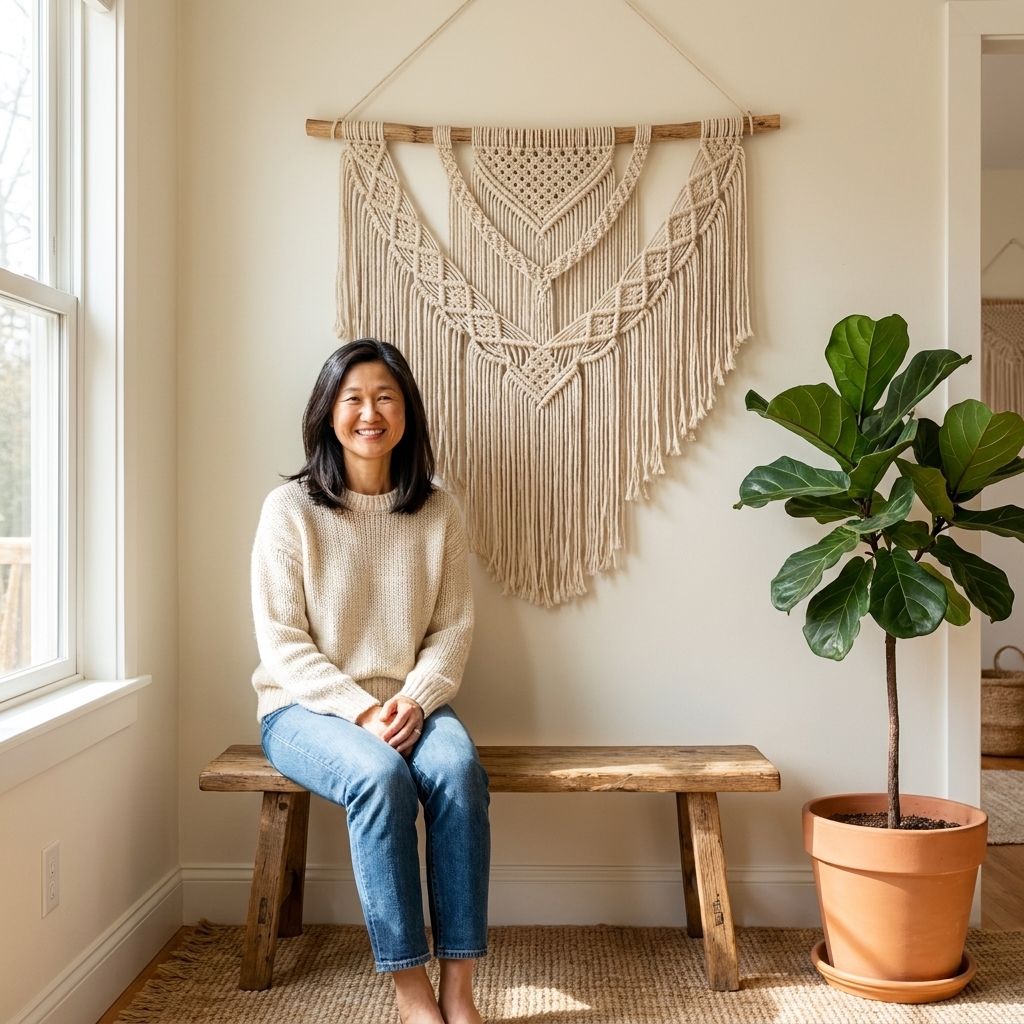 A bright boho living room corner with a macrame wall hanging above a small wooden bench and a potted plant nearby