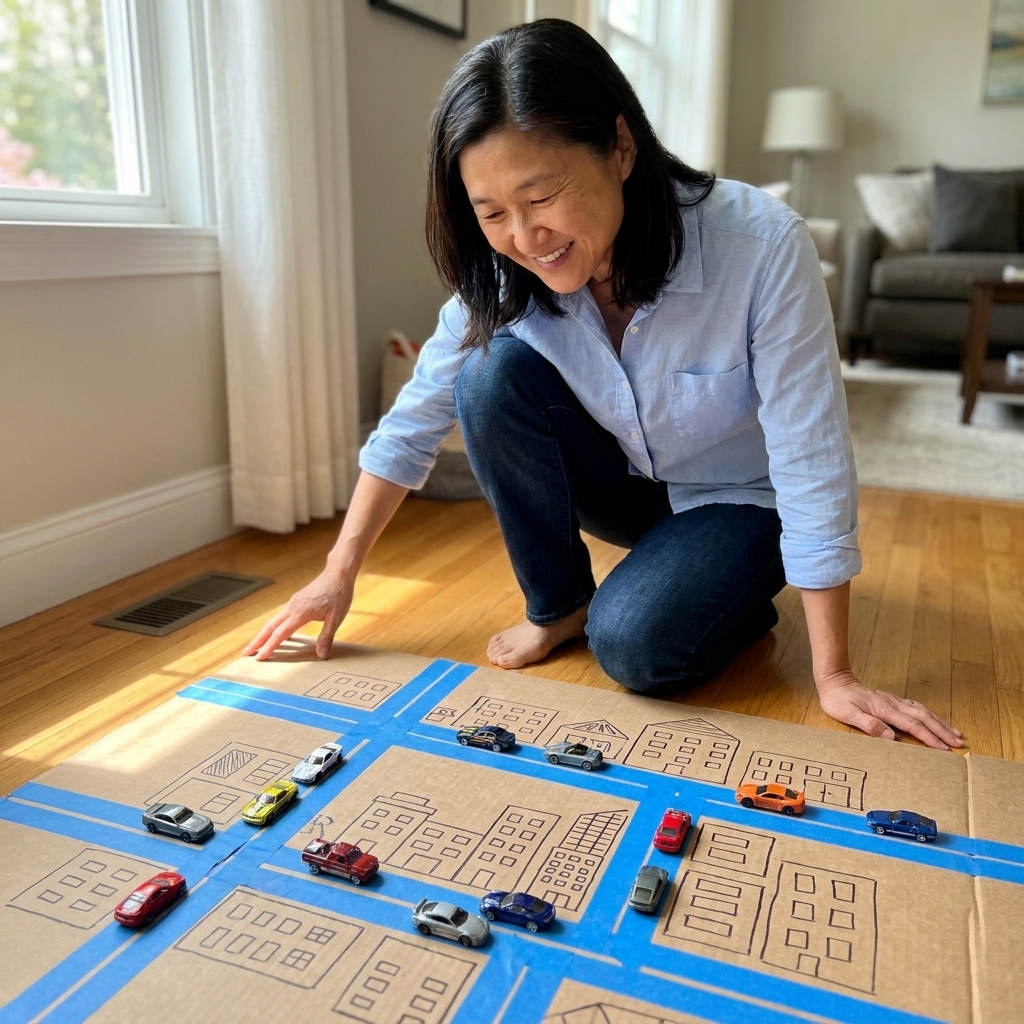 A cardboard play mat on the floor with painter’s tape roads and hand-drawn buildings, with small toy cars parked along the edges