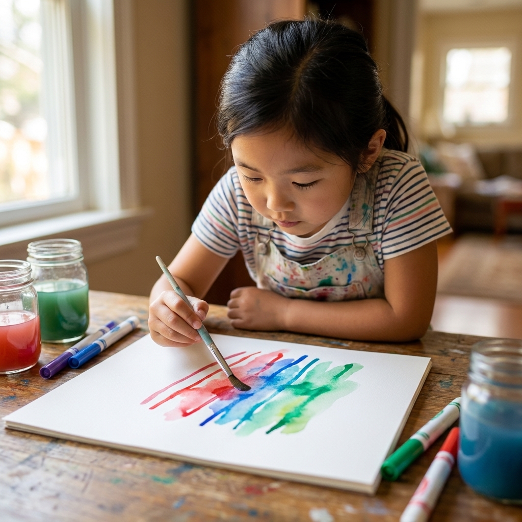 A child blending washable marker lines with a small paintbrush on thick white paper at a table