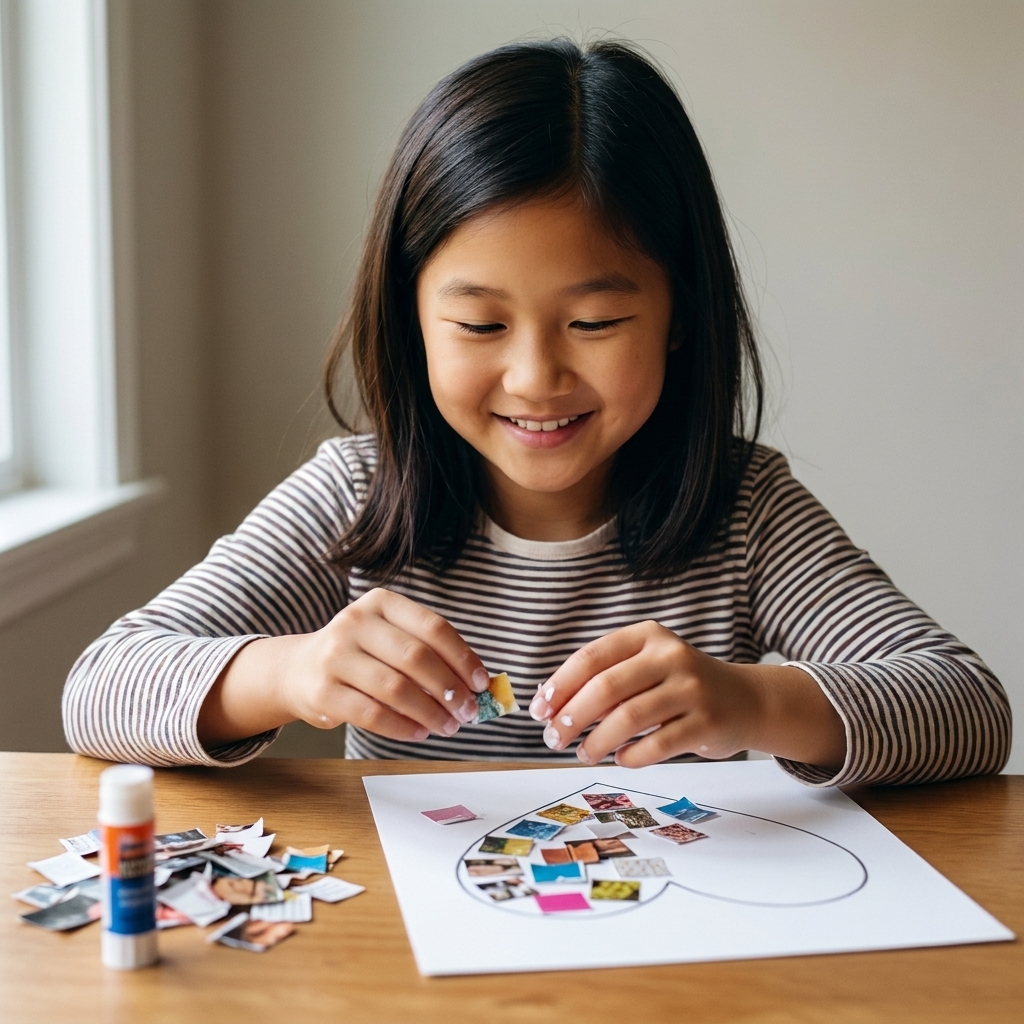 A child gluing small colorful magazine squares onto cardstock to fill a large heart outline