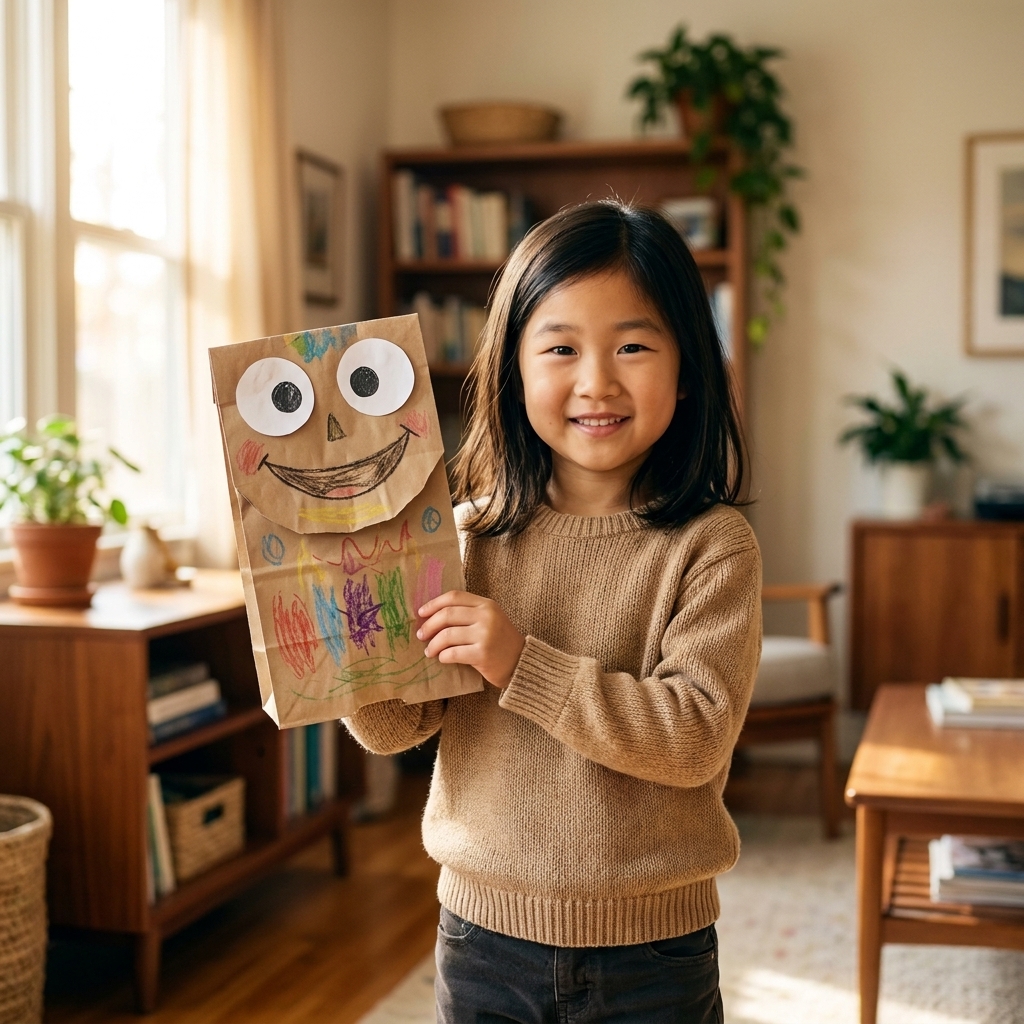 A child holding a decorated paper bag puppet with big paper eyes and a drawn smile in a living room