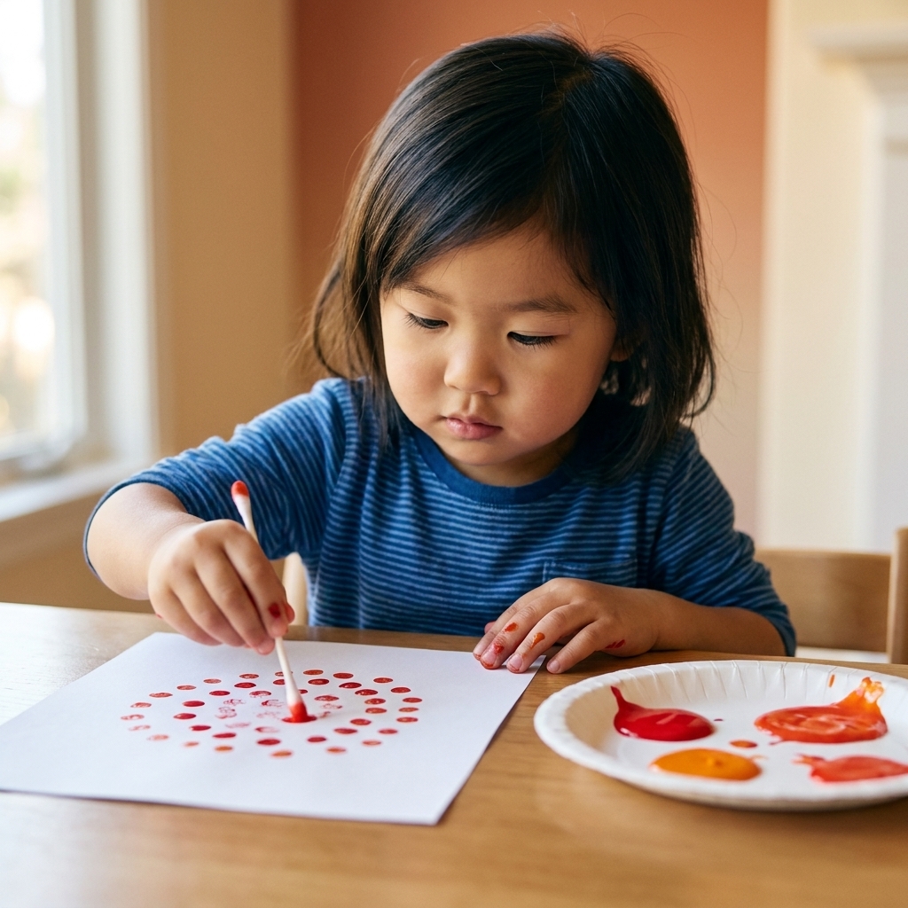 A child making dotted patterns on paper with a Q-tip dipped in washable paint, with a paper plate palette on the table