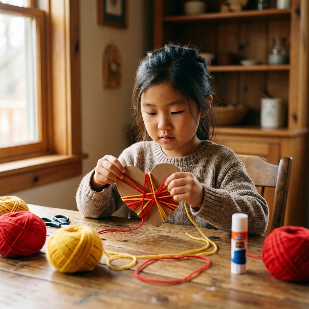 A child wrapping bright yarn around a cardboard heart shape while sitting at a craft table