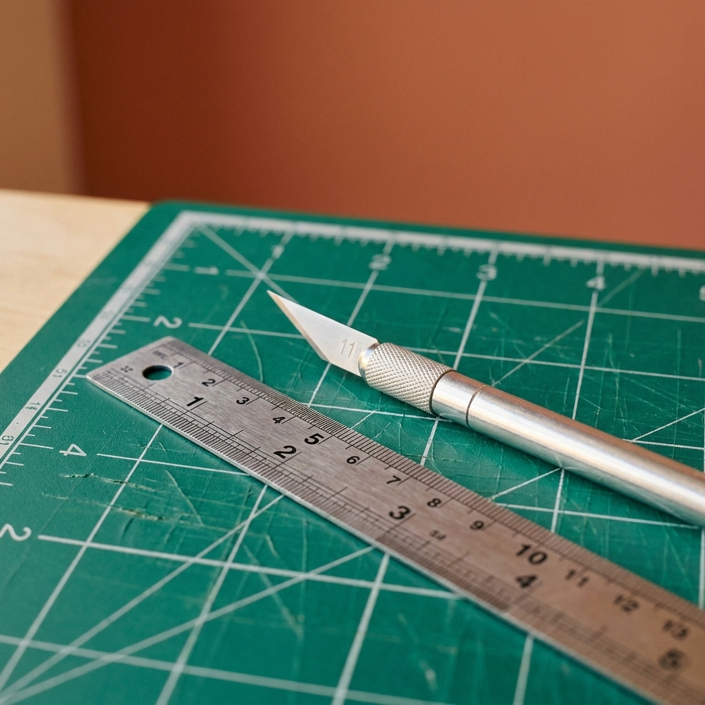 A classic silver craft knife with a sharp pointed blade placed next to a metal ruler on a cutting mat