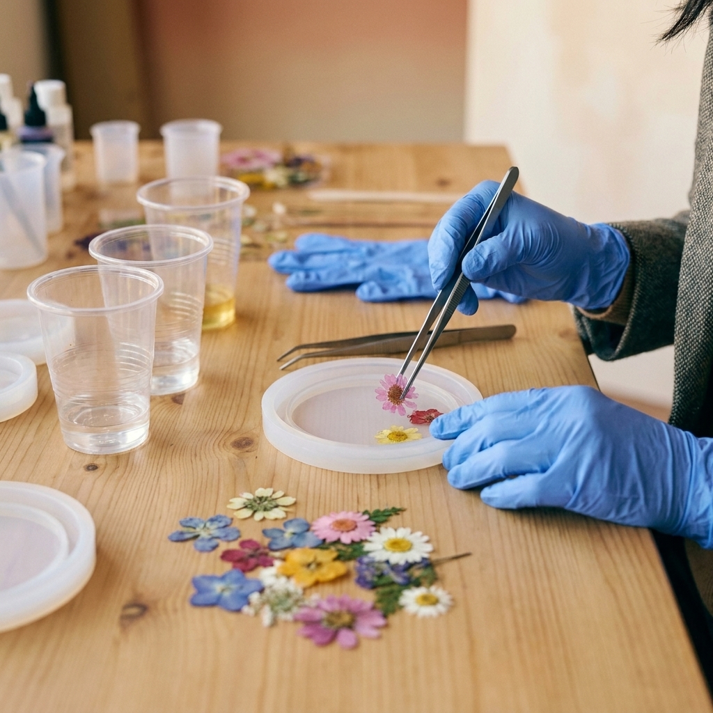 A clean silicone coaster mold on a craft table beside mixing cups, nitrile gloves, tweezers, and a small pile of dried pressed flowers