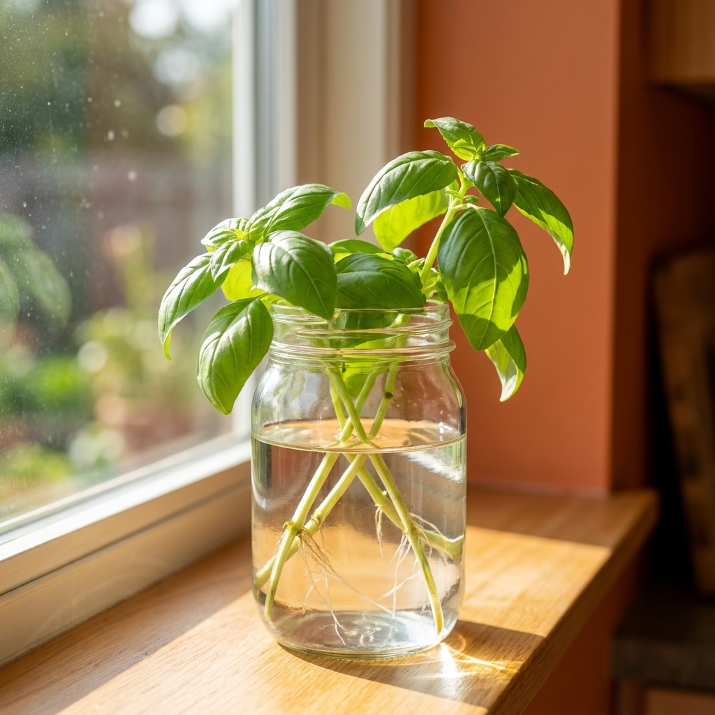 A clear glass jar on a kitchen windowsill holding basil cuttings in water with bright green leaves reaching toward the light