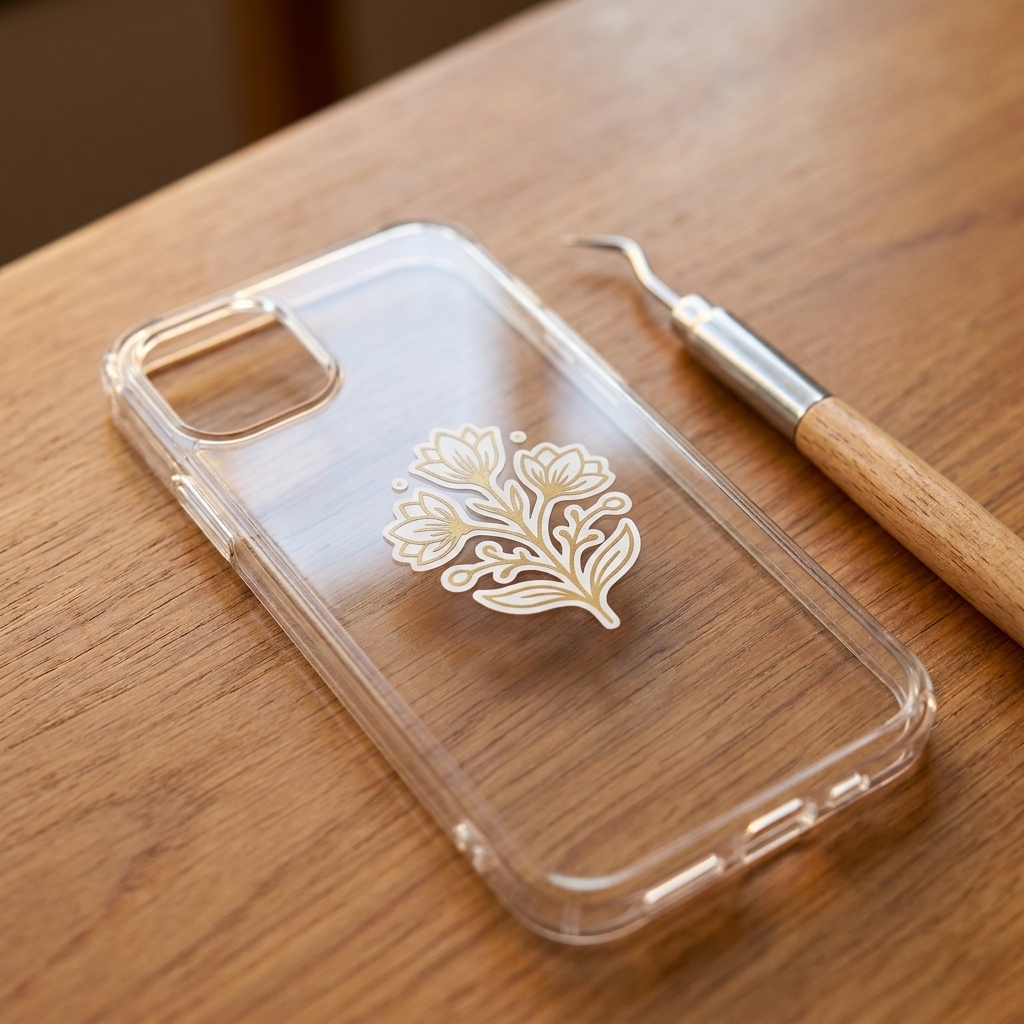 A clear phone case with a small vinyl decal applied on the back, sitting next to a weeding tool