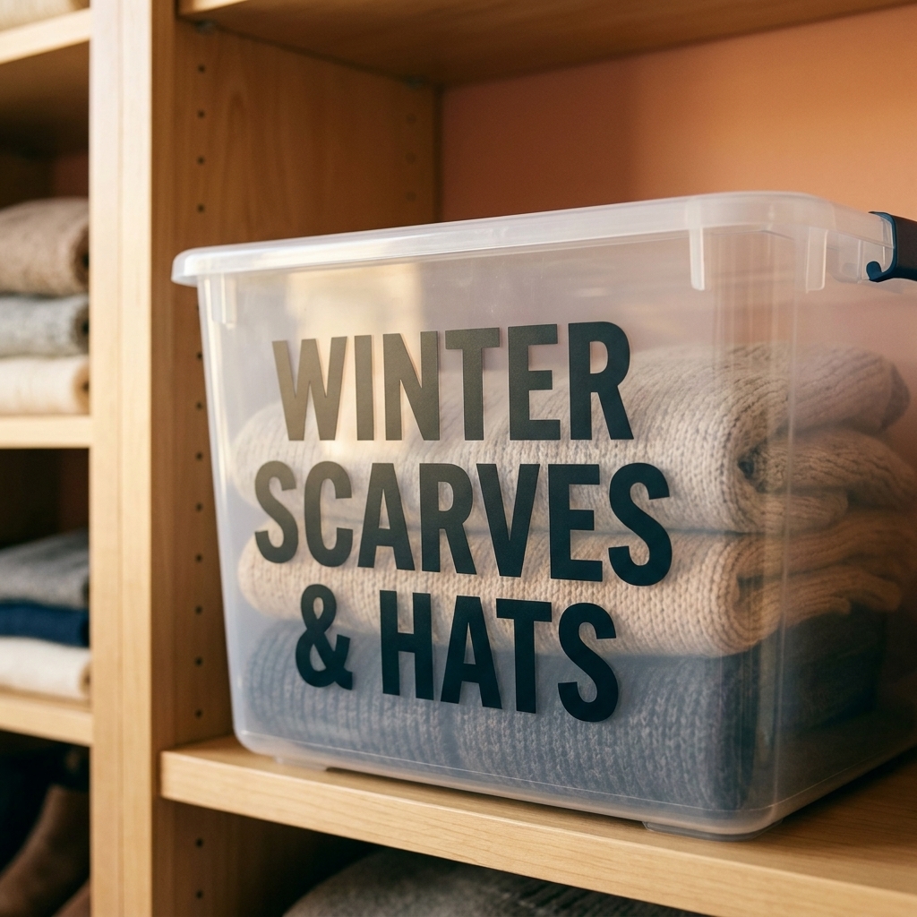 A clear plastic storage bin with a bold vinyl label on the front, sitting on a closet shelf