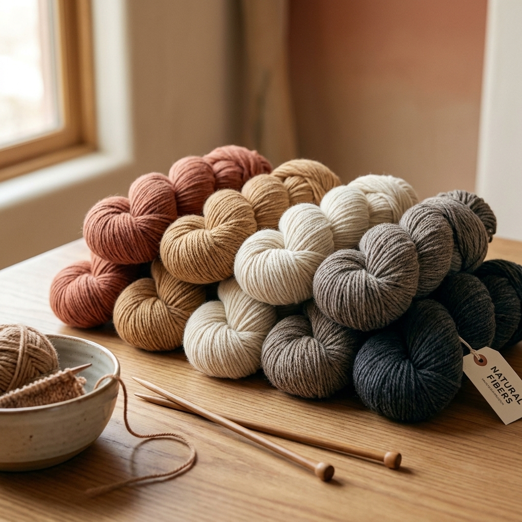 A close photo of yarn skeins arranged in a cohesive palette on a craft table with natural window light