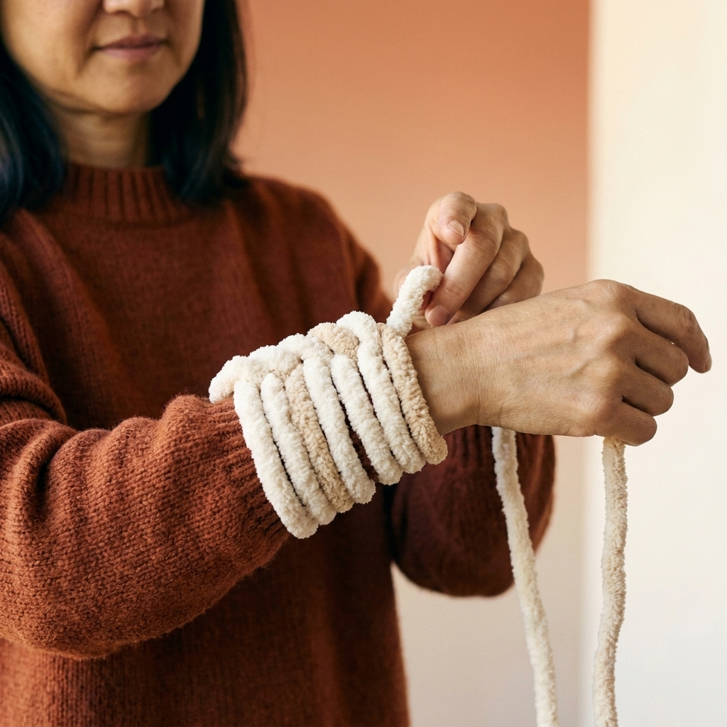 A close-up of a crafter casting on large chenille loops onto their forearm, with several evenly sized stitches lined up