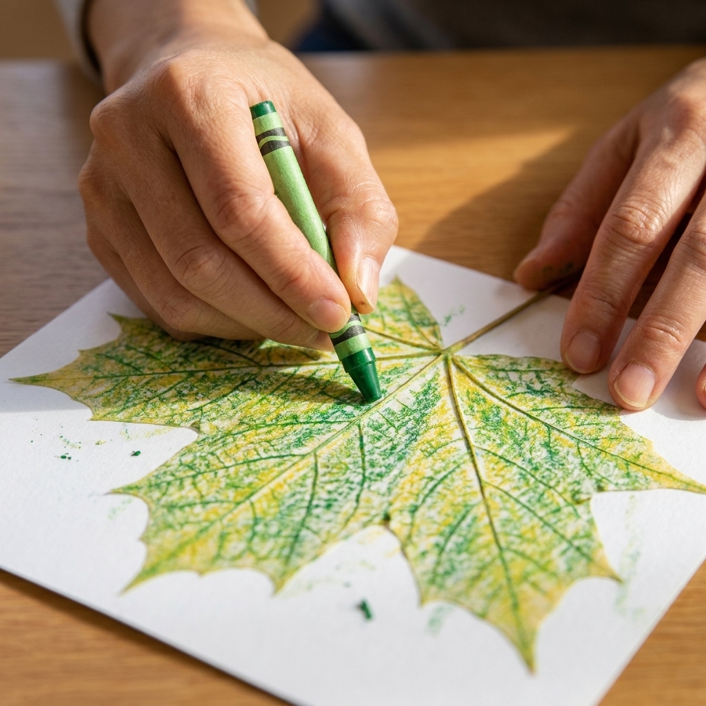 A close-up of a leaf rubbing on white paper showing detailed leaf veins revealed by green and yellow crayon