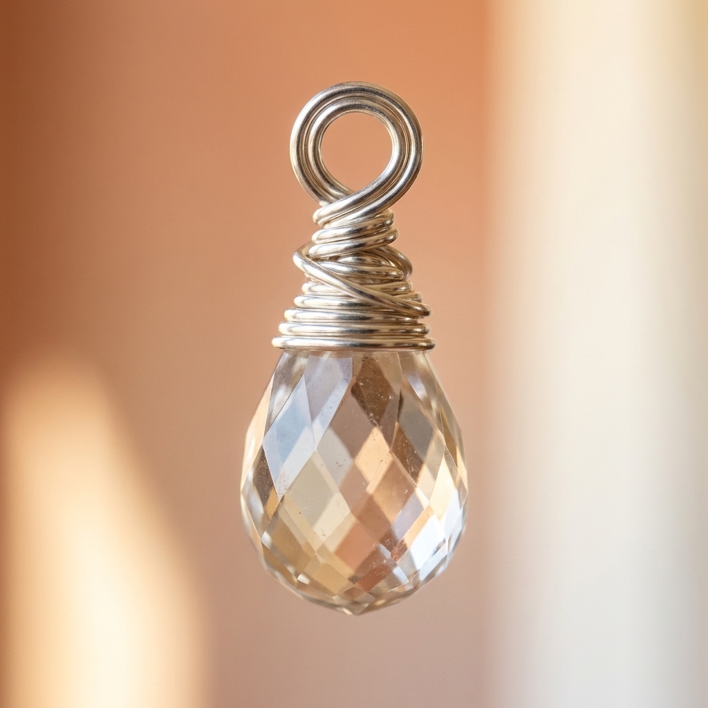 A close-up photo of a faceted teardrop briolette bead wrapped with silver-colored wire, showing a neat wrapped loop above the bead