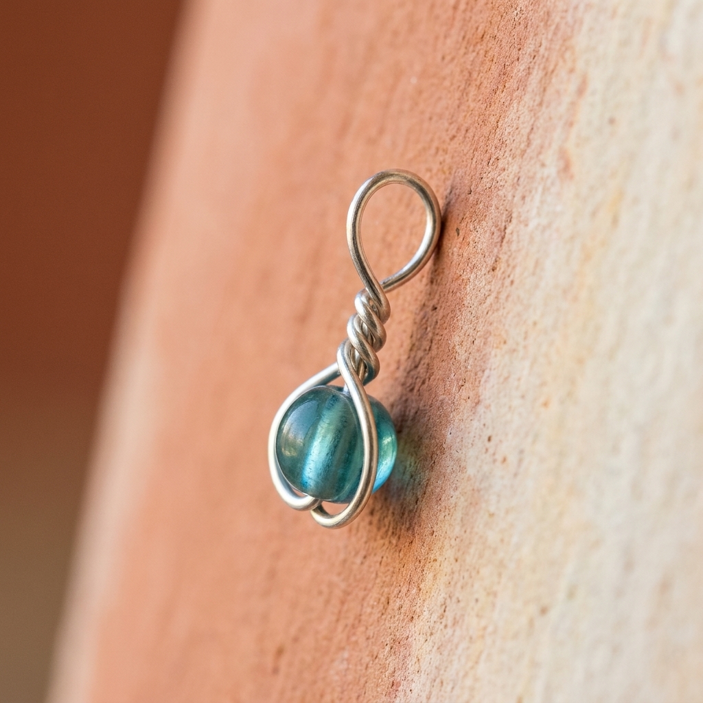 A close-up photo of a simple bead dangle with a basic loop at the top, made from 22 gauge silver-colored wire and a small glass bead