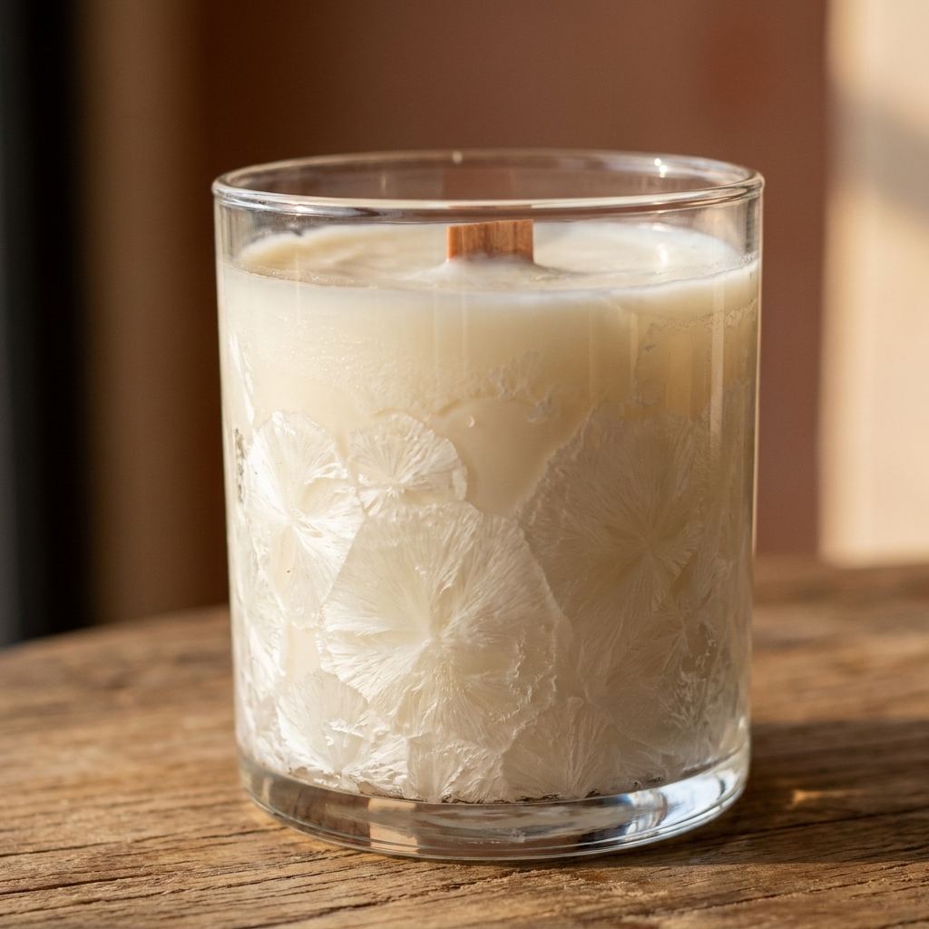 A close-up photo of a soy wax candle in a clear glass jar showing white crystalline frosting patterns along the inside surface