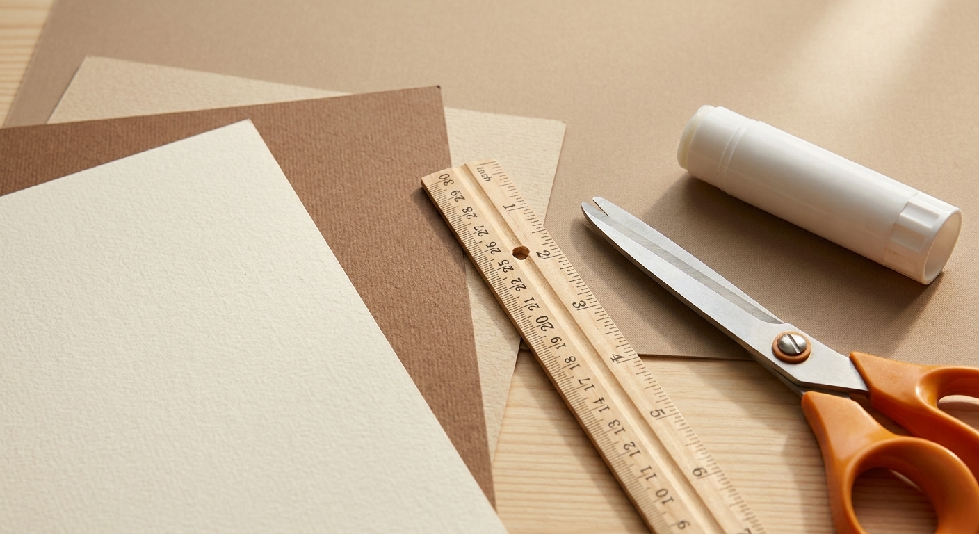 A close-up photo of cardstock, a ruler, scissors, and a glue stick arranged on a neutral craft workspace