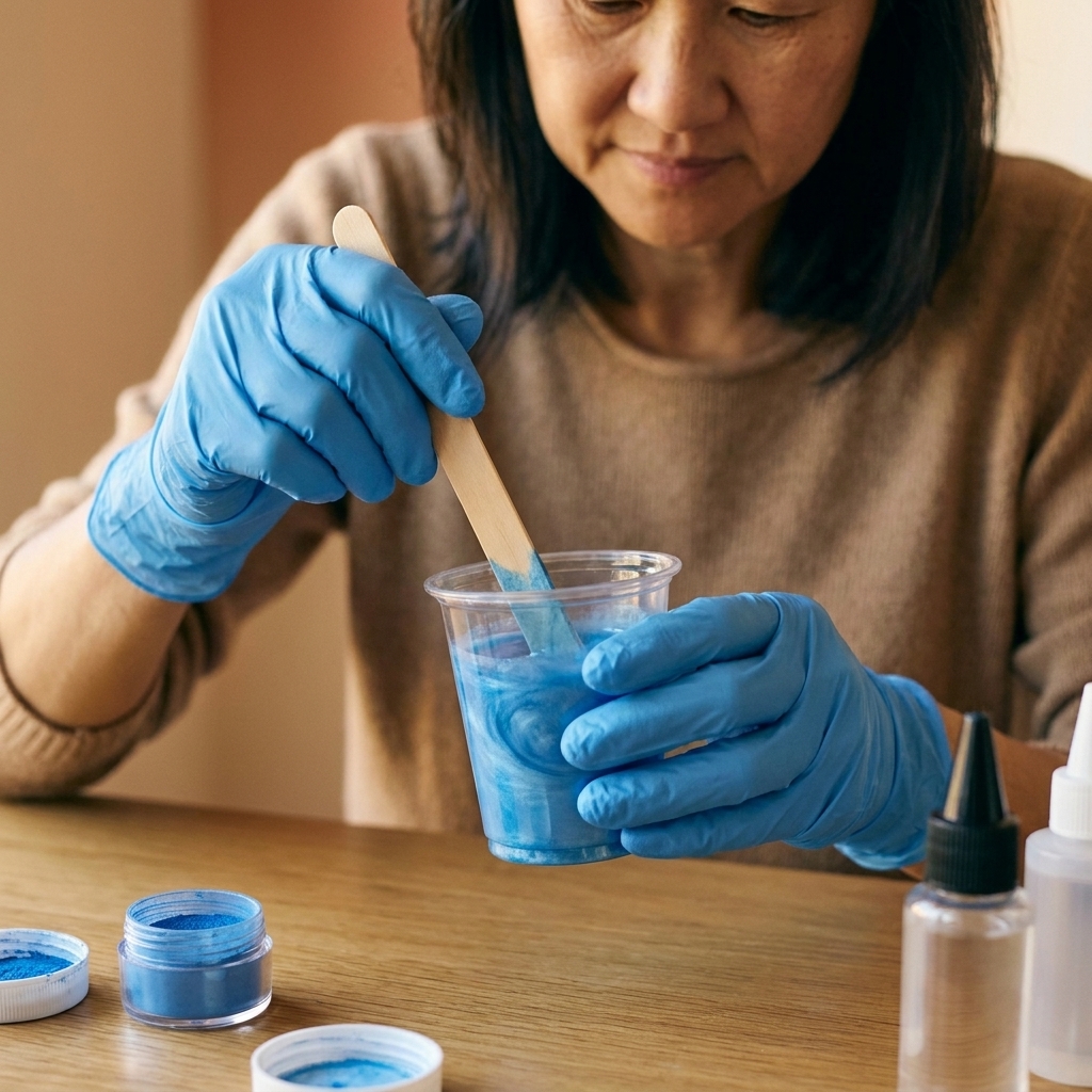 A close-up photo of gloved hands stirring blue mica powder into a small cup of clear resin until it becomes smooth and evenly colored