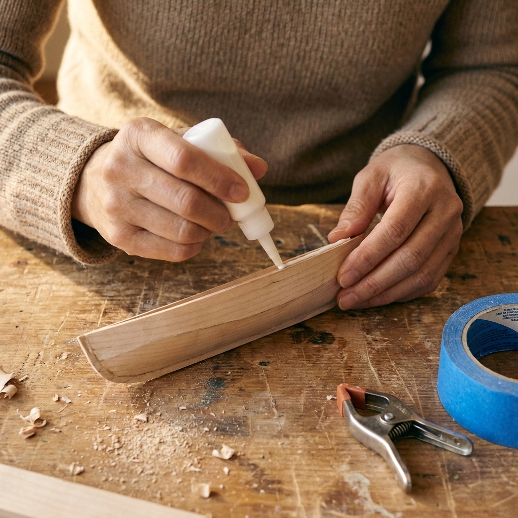 A close-up photo of hands applying a thin line of craft glue to a small wooden piece on a work table, with painter's tape and a small clamp nearby