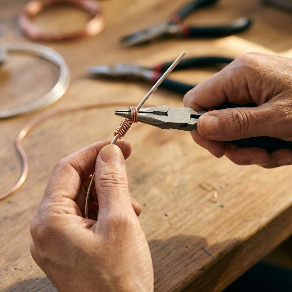 A-close-up photo of thin copper wire being coiled tightly around a thicker silver-colored base wire using chain-nose pliers