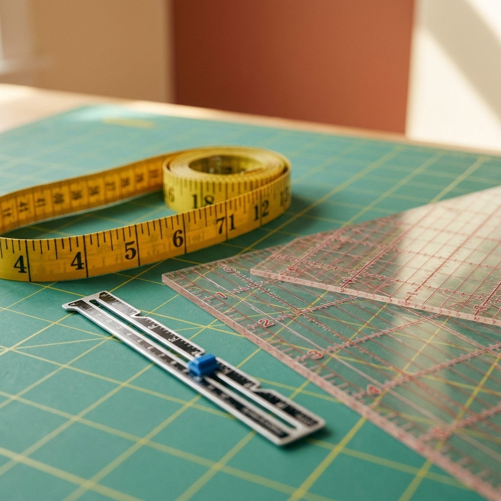 A close view of sewing measuring tools including a flexible tape measure, a clear acrylic ruler, and a seam gauge on a cutting mat