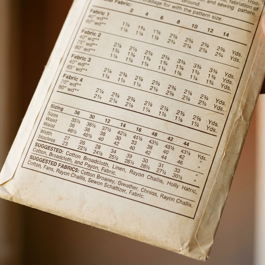 A close view of the back of a commercial sewing pattern envelope showing yardage requirements, size chart, and suggested fabrics