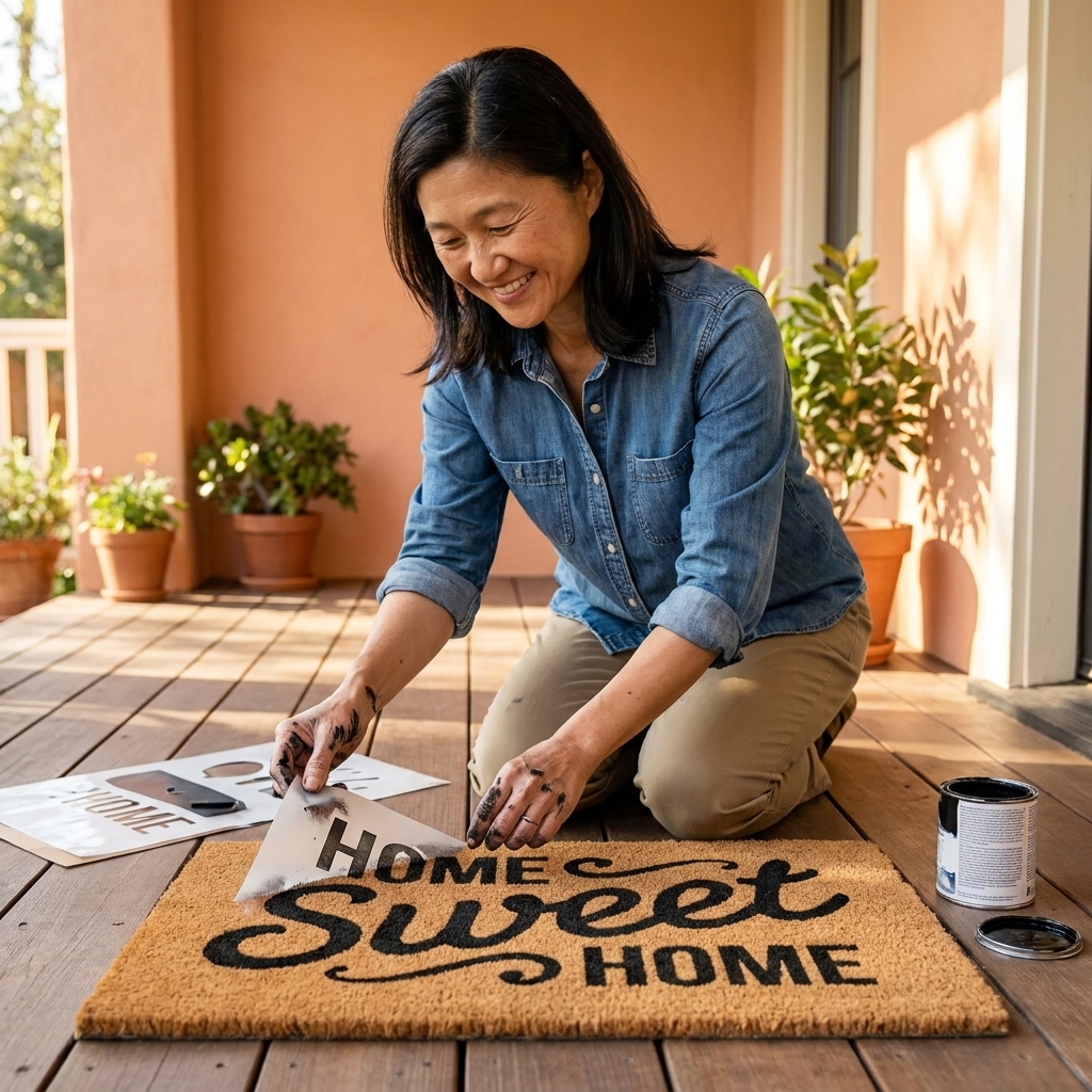 A coir welcome mat on a porch with fresh black paint lettering created using a vinyl stencil