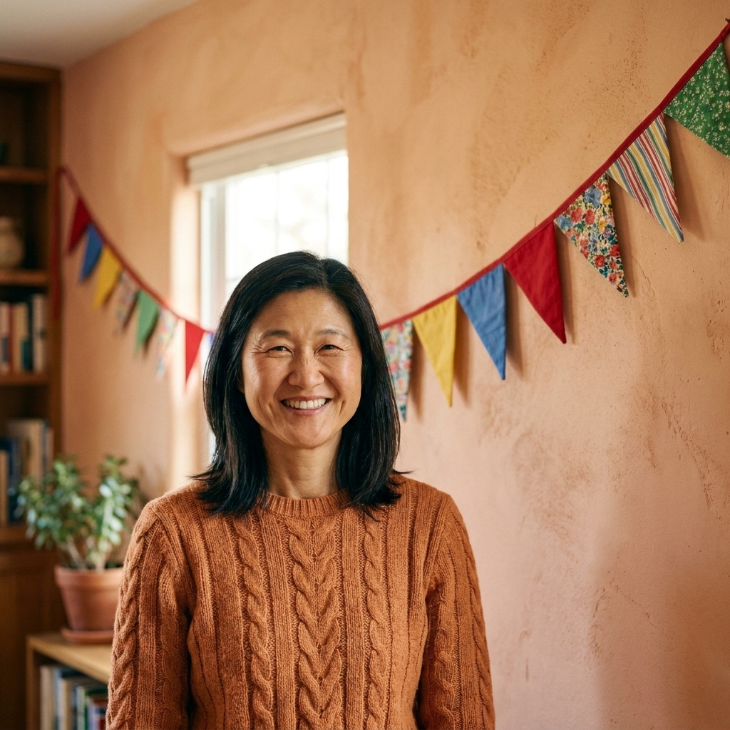 A colorful fabric bunting garland draped across a living room wall
