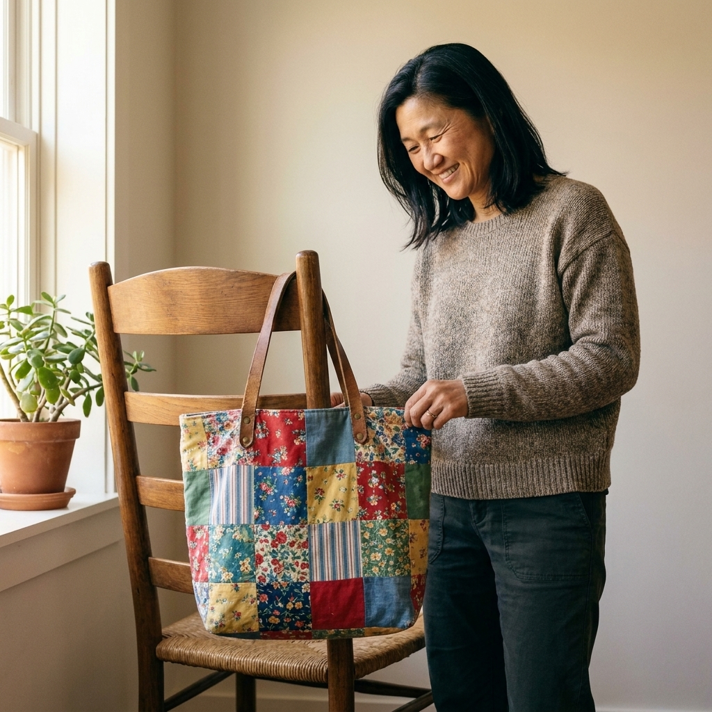 A colorful patchwork tote bag hanging on a chair