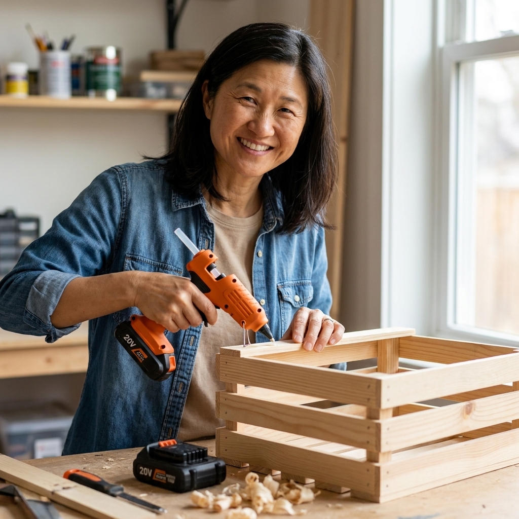 A cordless hot glue gun on a workbench next to a battery pack and a partially assembled wooden crate