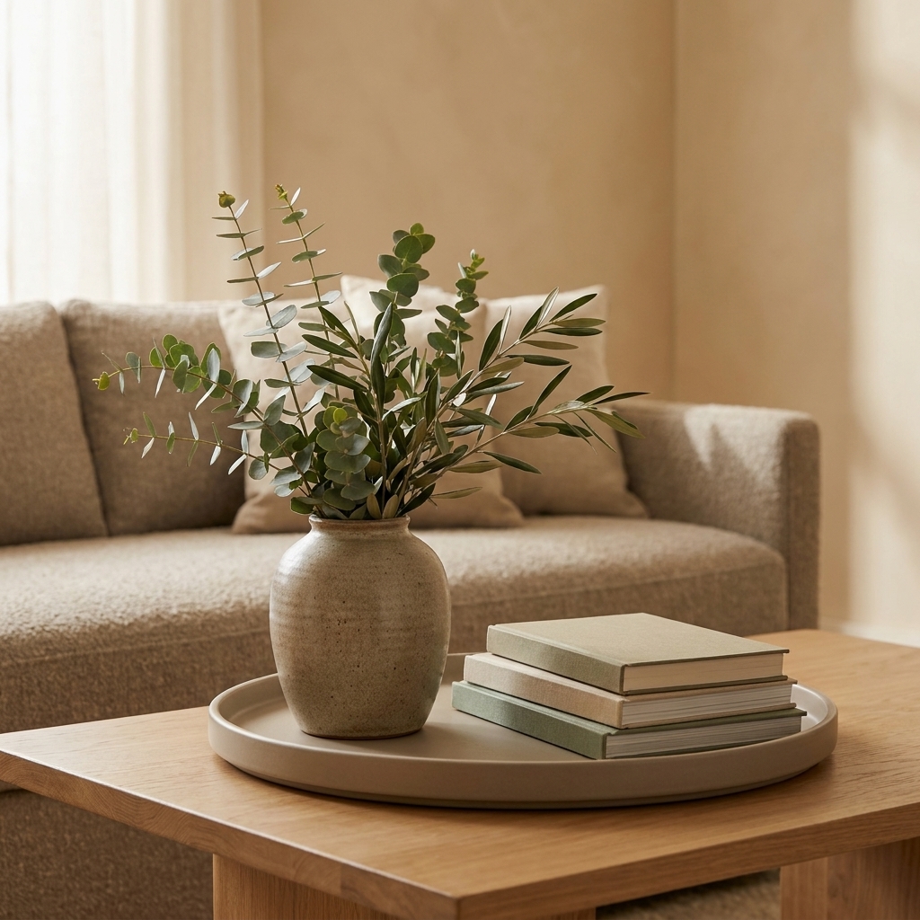A cozy living room coffee table styled with a matte neutral tray, a textured vase with greenery, and a small stack of decorative books in soft tones