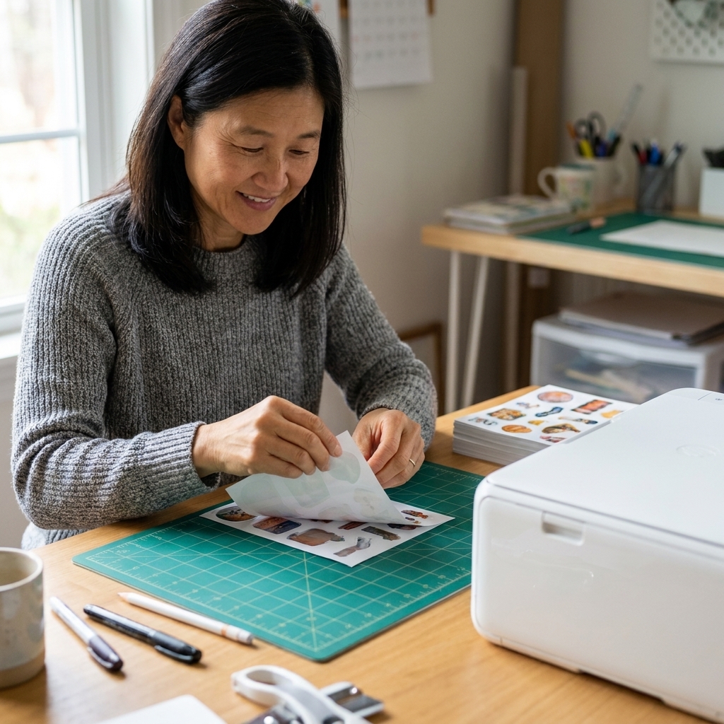 A crafter peeling a glossy sticker sheet from a cutting mat on a craft table, with a home printer and sticker paper nearby
