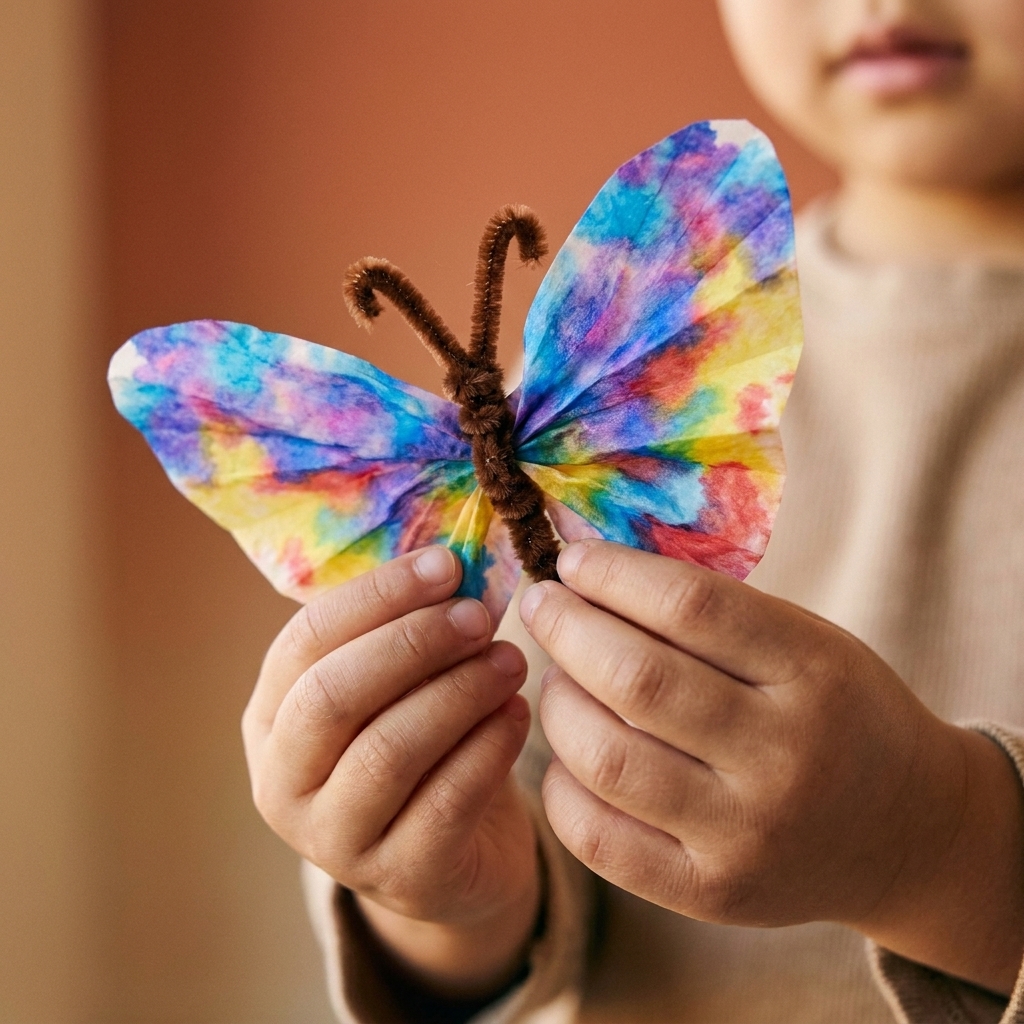 A dried coffee filter butterfly with blended marker colors, held in a child’s hand by a pipe cleaner body