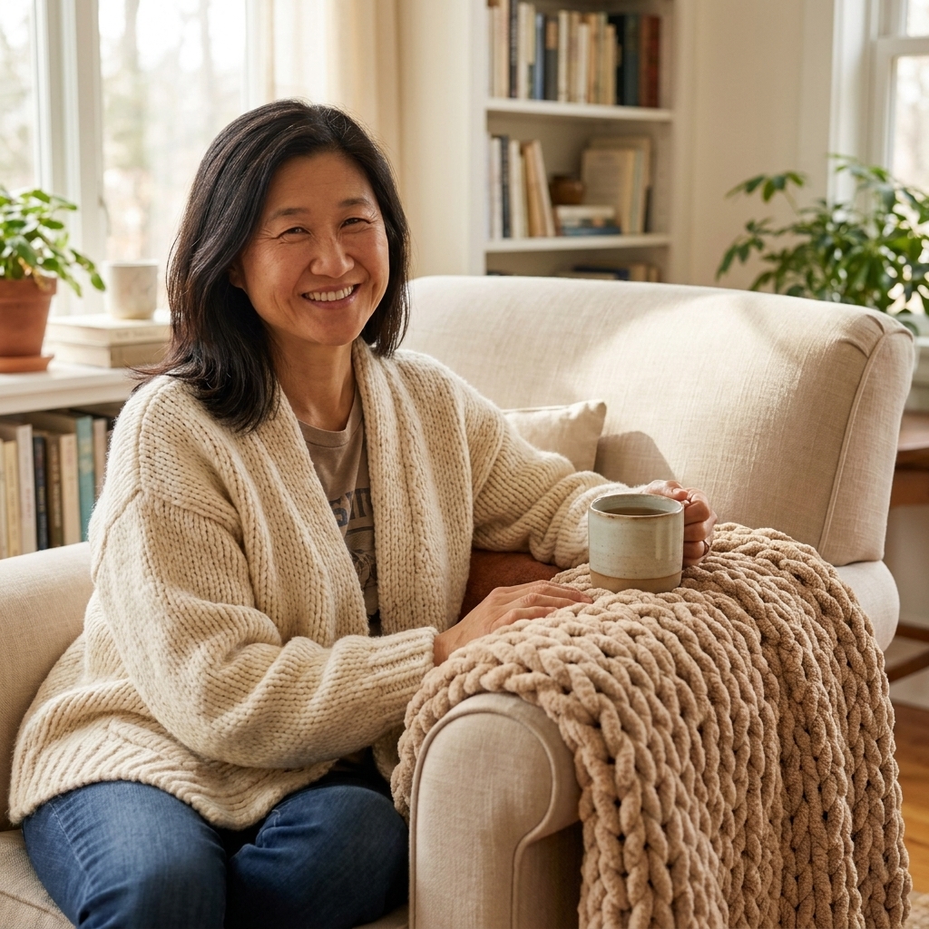 A finished chunky chenille knit throw blanket draped over the arm of a chair in a cozy living room, showing thick even stitches