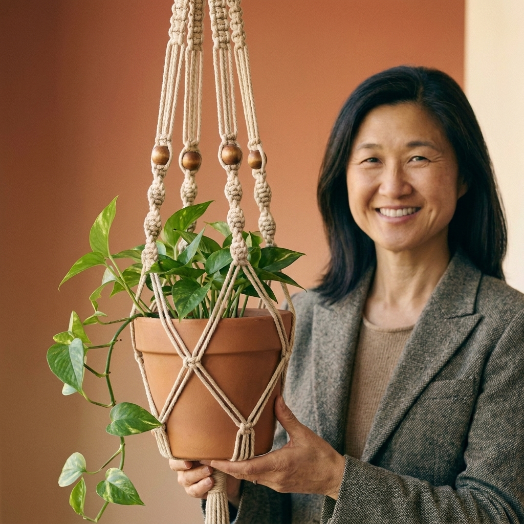 A finished macrame plant hanger made with natural cotton cord featuring a few wooden beads along the knotted sections