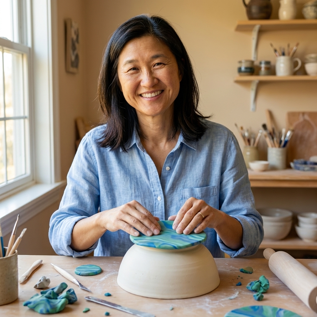 A flat circle of polymer clay draped over an upside-down ceramic bowl to form a shallow trinket dish shape