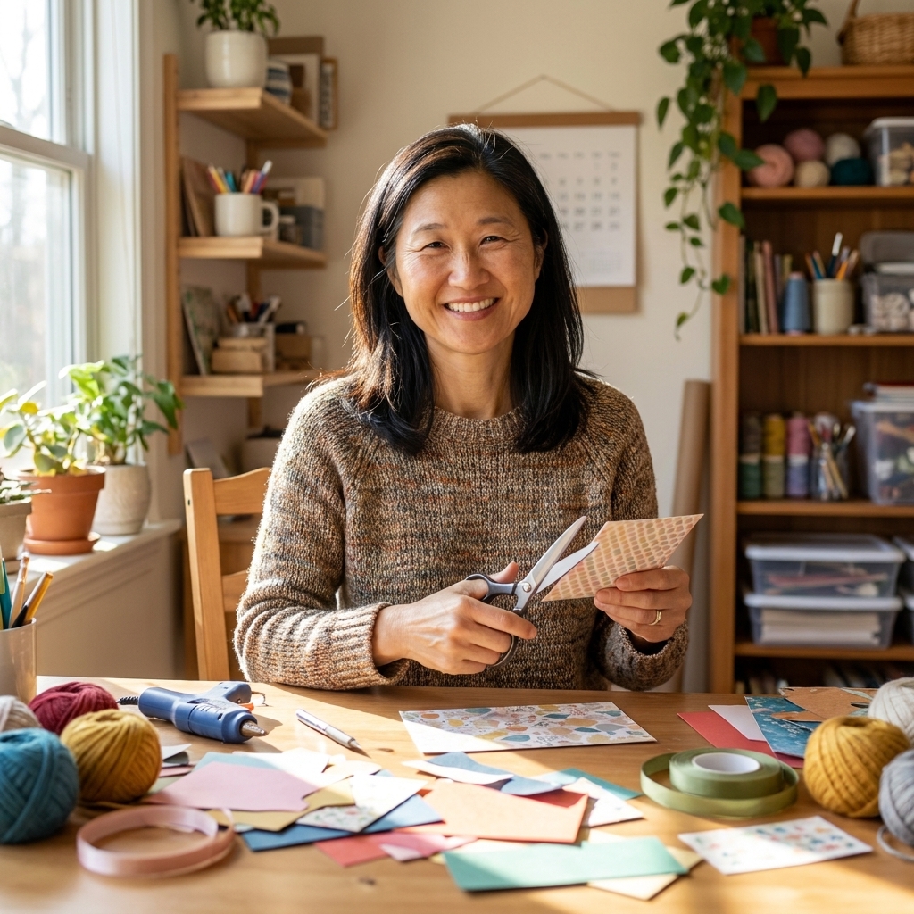 A friendly crafter sitting at a bright craft table in a cozy home studio, holding scissors with paper scraps, yarn, and a hot glue gun spread out around her