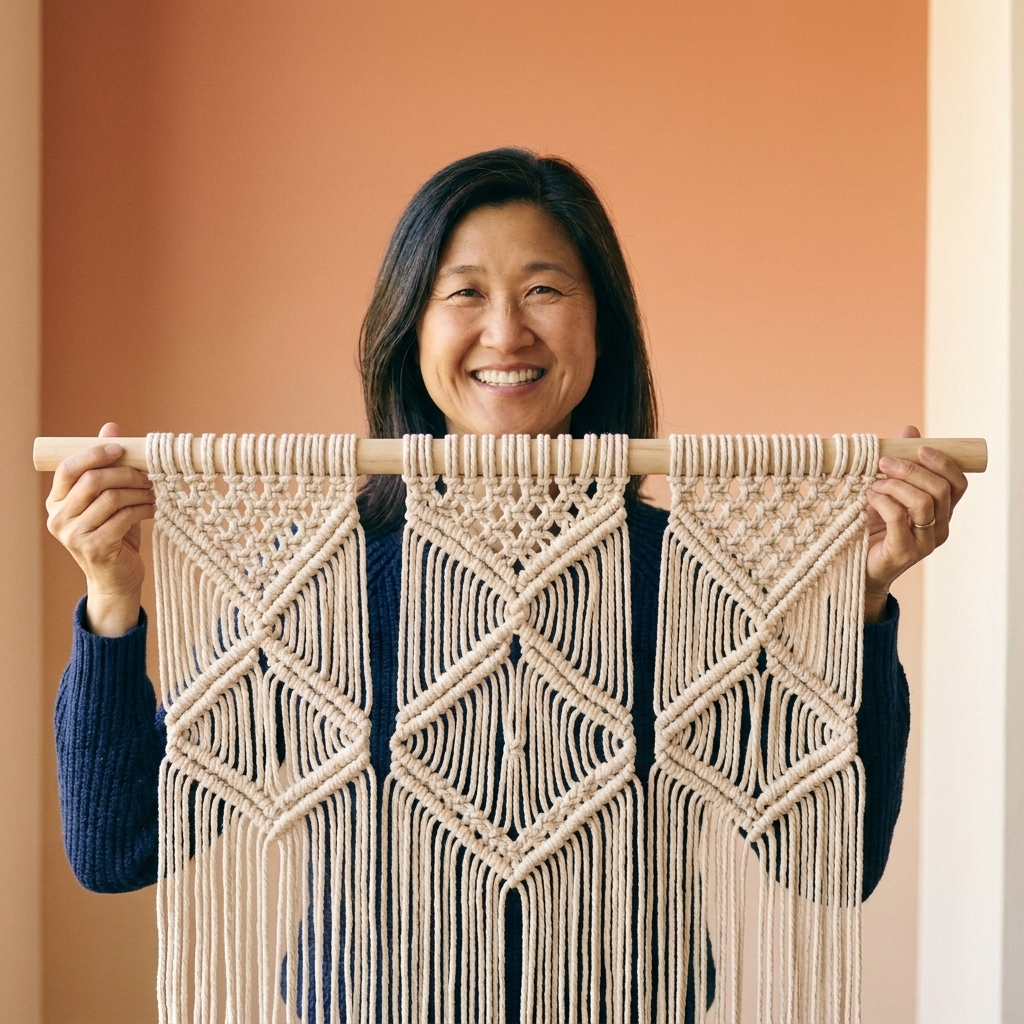 A geometric macrame wall hanging with open diamond shapes and clean lines, hung from a light wood dowel
