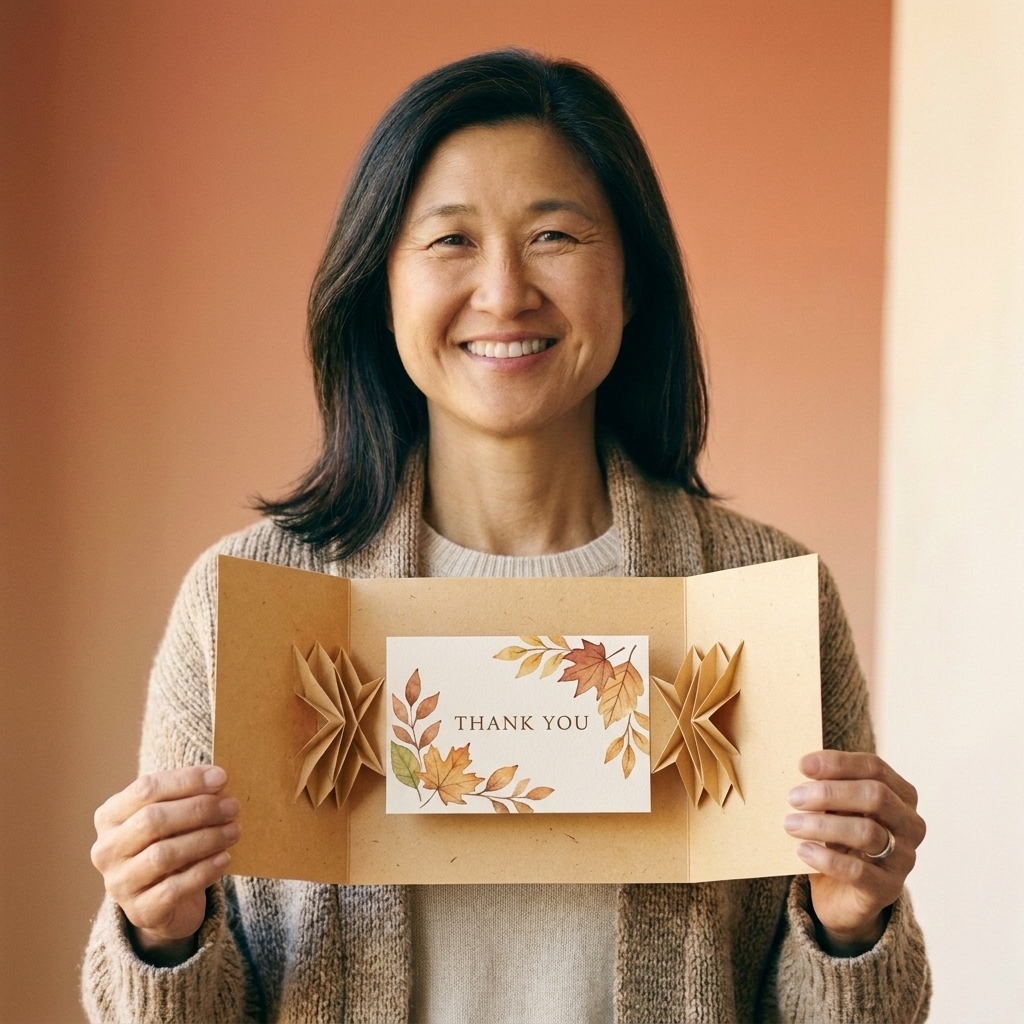 A greeting card opened to show a floating rectangular panel suspended inside by two folded paper supports on the left and right