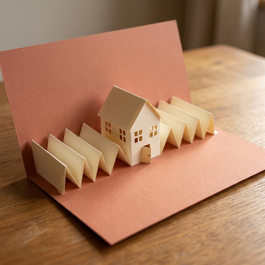 A greeting card opened to show an accordion-fold paper strip attached across the inside, expanding into a small three-dimensional shape