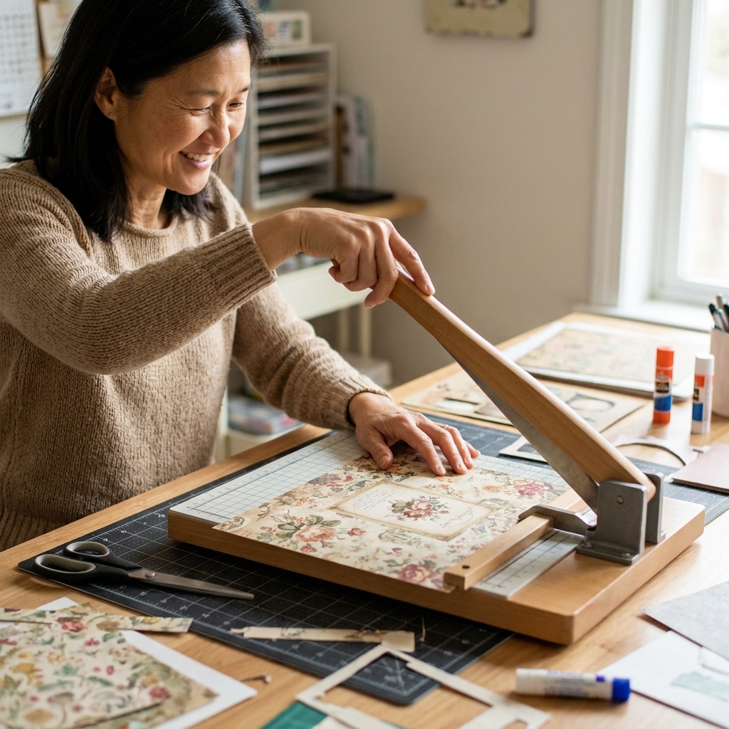 A guillotine-style bypass paper cutter with a long cutting arm positioned over a sheet of patterned scrapbook paper on a craft table