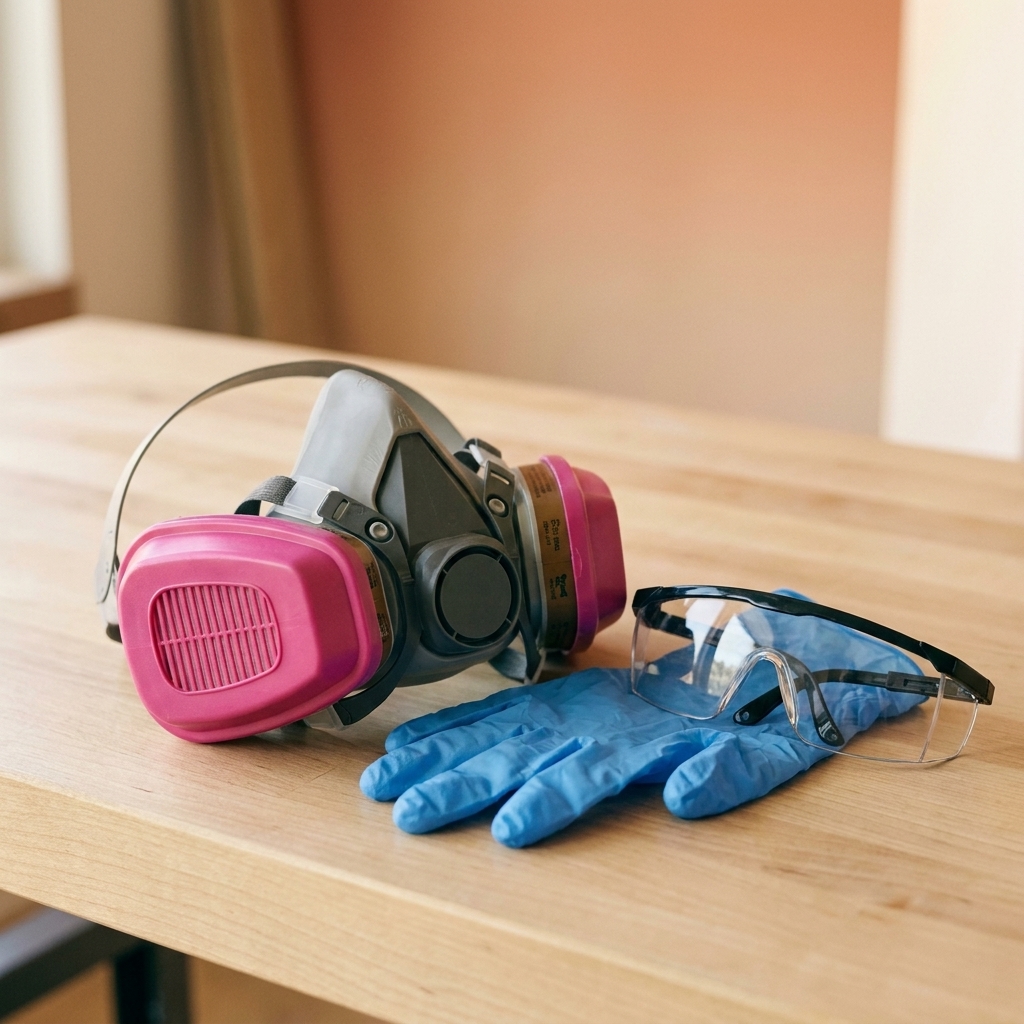 A half-face respirator with organic vapor cartridges sitting beside nitrile gloves and safety glasses on a clean workbench