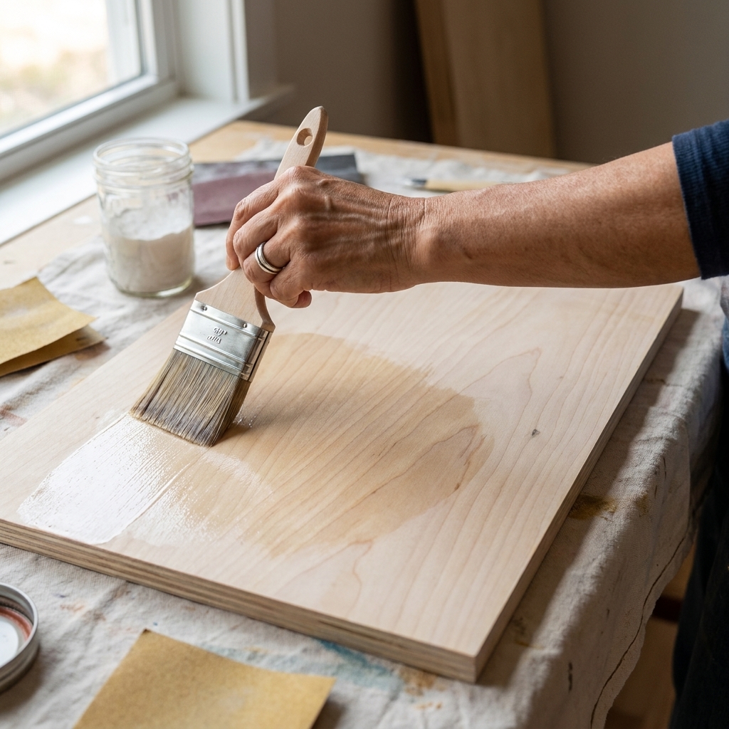 A hand applying a thin, even coat of clear ground onto a sanded wood panel with a wide flat brush, leaving a slightly satin sheen