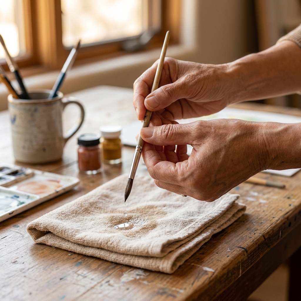 A hand carefully pinching a damp brush into a sharp point above a folded towel on a craft table