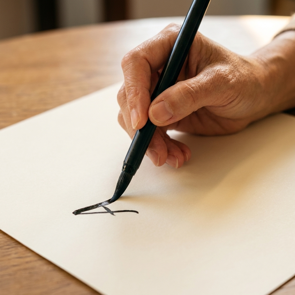 A hand holding a brush pen at a gentle angle over smooth paper, with a relaxed grip and the nib aligned with the stroke direction