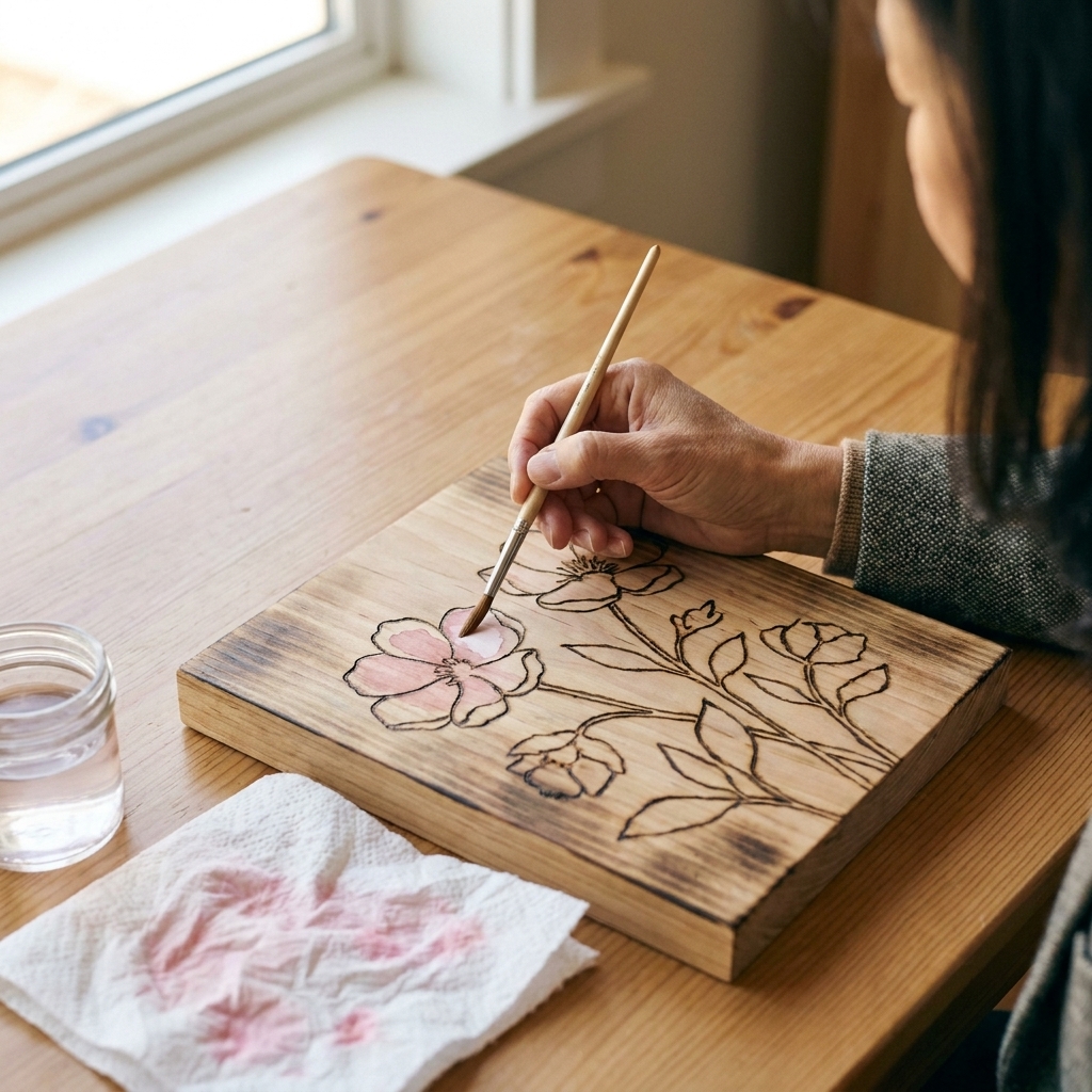 A hand painting a light watercolor wash inside burned floral outlines on a wooden panel, with a small round brush and a paper towel nearby for blotting